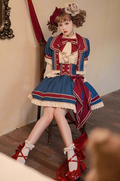 Red White Blue Star Idol Round Collar Ruffle Bowknot Sweet Princess Lolita Full Set