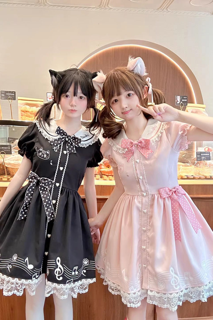 Rose Melody Kitty Doll Collar Short Sleeve Ruffled Embroidered Bow Lace Sweet Lolita Dress