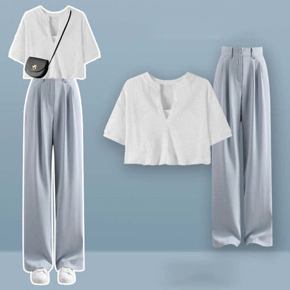 Pieces Set Casual Crop Top Fake Pants Two T-Shirt