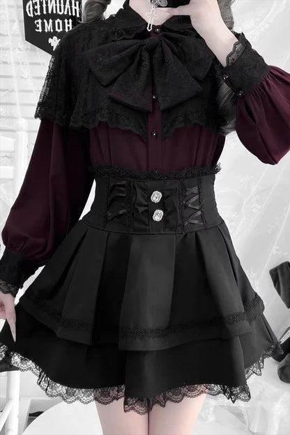 Long Sleeves Double-Layered Ruffled Embroidered Bow Lace-Up Gothic Jirai Kei Lolita Top Skirt Set