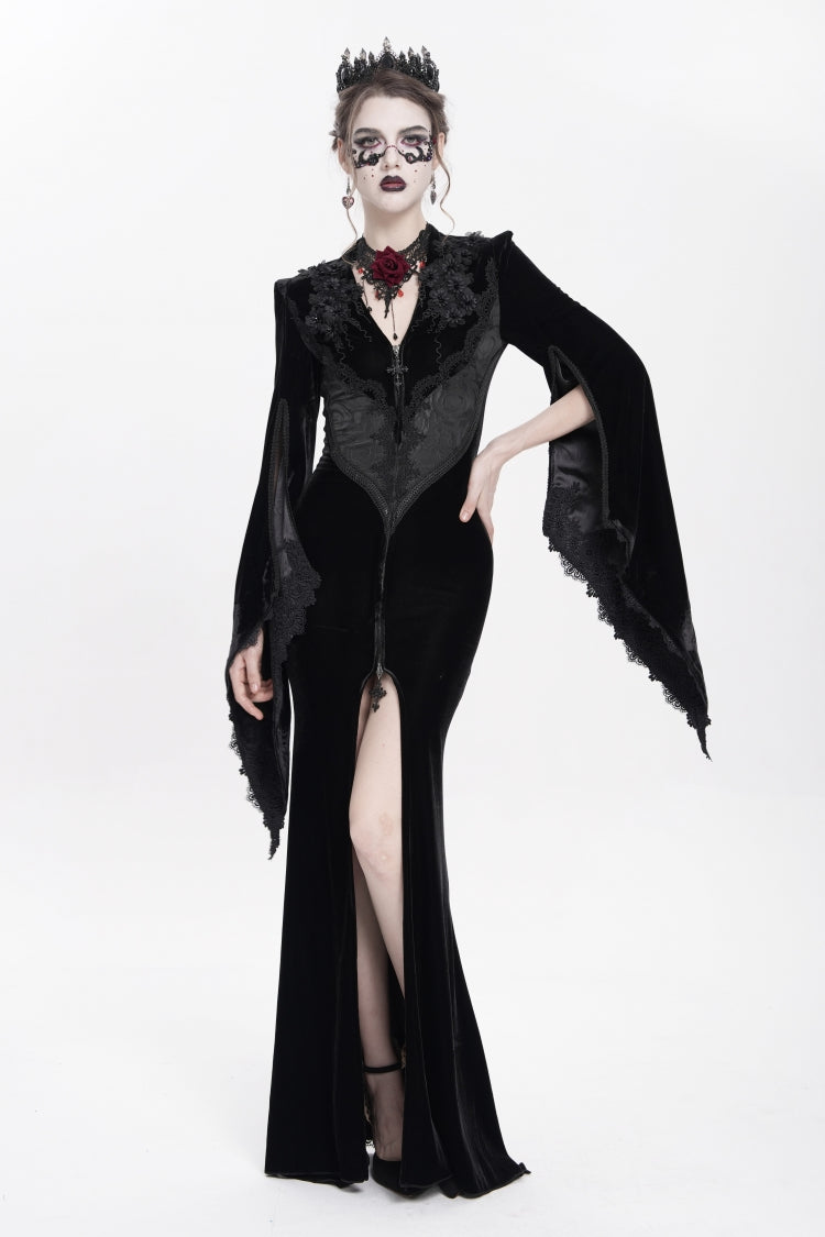 V Collar Trumpet Sleeve Floral Embroidered Velvet Gothic Dress
