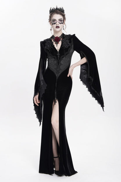 V Collar Trumpet Sleeve Floral Embroidered Velvet Gothic Dress