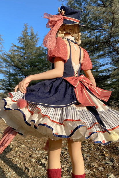 Circus Theme Short-Sleeved Layered Print Ruffled Bow Sweet Dress