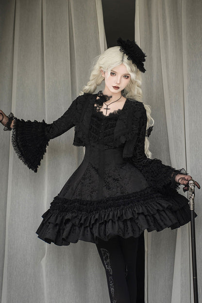 Double-Layered Striped Printed Gothic Jumper Dress with Jacquard Ruffles - Escape