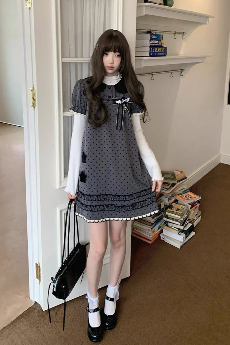 Grey Little Star Wish Doll Collar Short Sleeve Polka Dot Bow Classic Japanese Lolita Dress