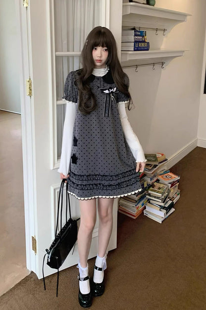 Grey Little Star Wish Doll Collar Short Sleeve Polka Dot Bow Classic Japanese Lolita Dress