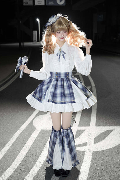 Lapel Long Sleeve Double Printed Ruffled Bow Japanese Lolita Skirt Set