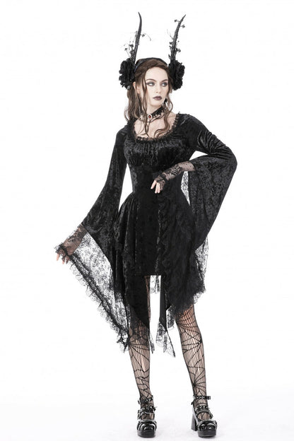 Long Trumpet Sleeve Lace Spliced Black Gothic Velvet Dress
