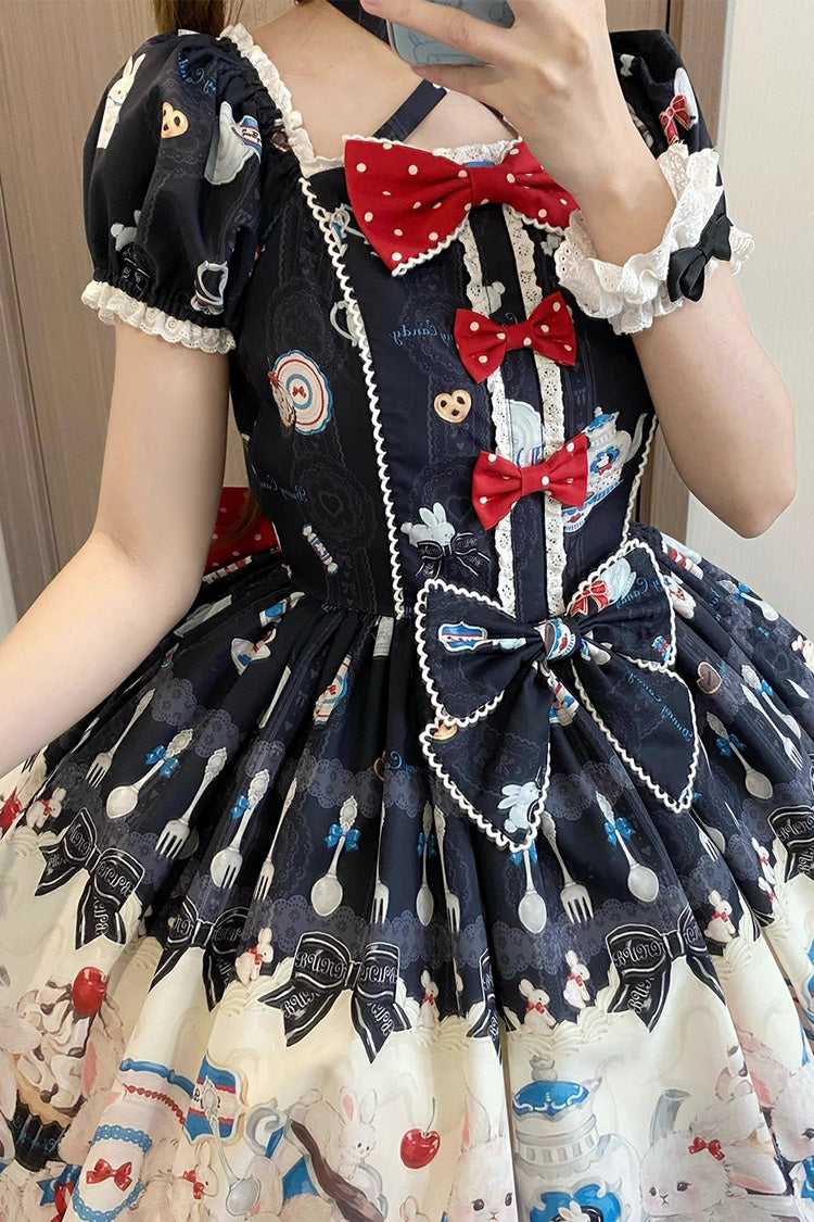 Sleeveless Printed Ruffle Bowknot Lace Sweet JSK