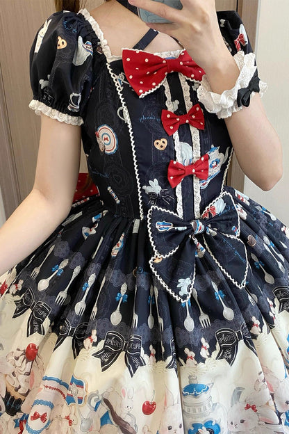 Sleeveless Printed Ruffle Bowknot Lace Sweet JSK