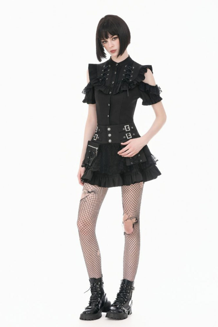 Gothic Blouse with Mandarin Collar and Puff Sleeves