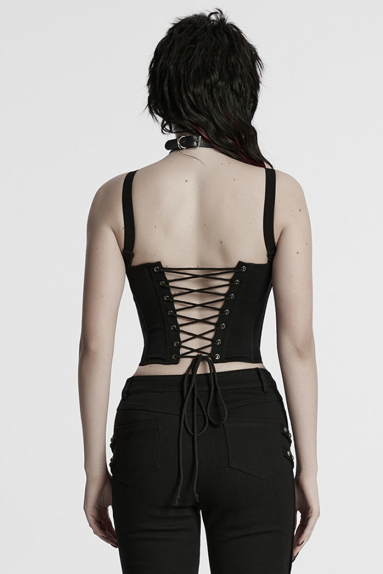 Studded Lace-Up Sleeveless Punk Gilet with Buckles - NoirEdge