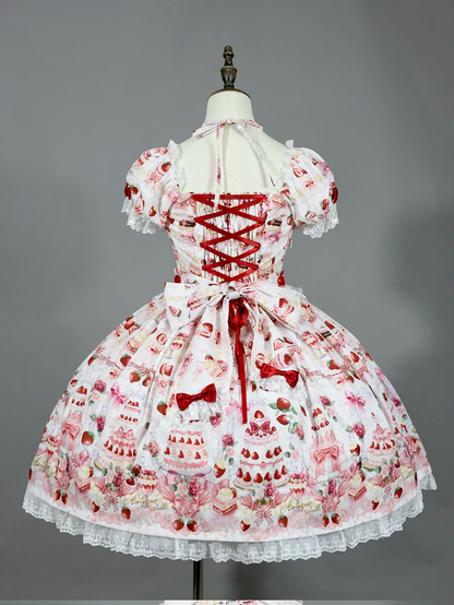 Strawberry Cake Print White Sweet Bow Accents Lolita Dress / Full Set