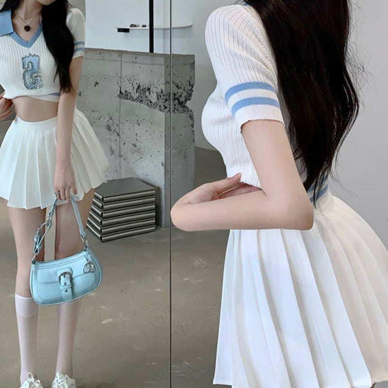 Sweet Letter Print Colorblock T-Shirt Pleated Skirt