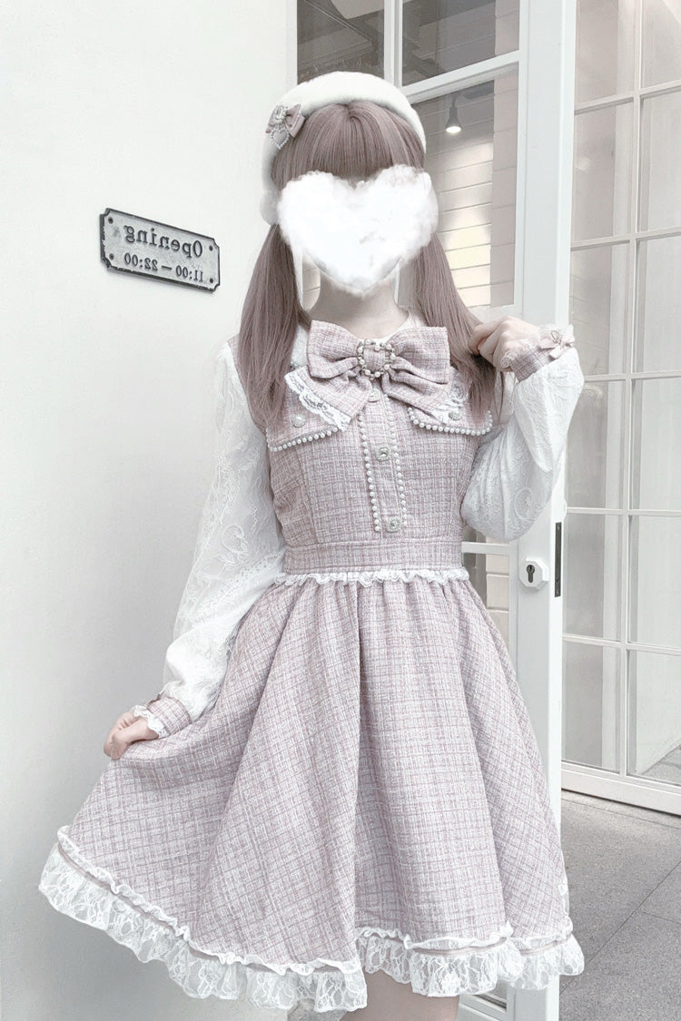 Grey Pink Bow Lace Pearl Sweet Dress