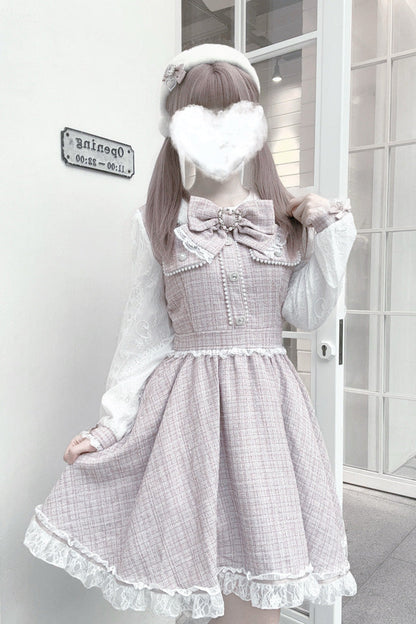 Grey Pink Bow Lace Pearl Sweet Dress