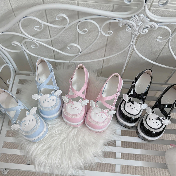 Cat-Design Ruffled Cross-Strap Round-Toe Daily Lolita Platforms in Four Colors