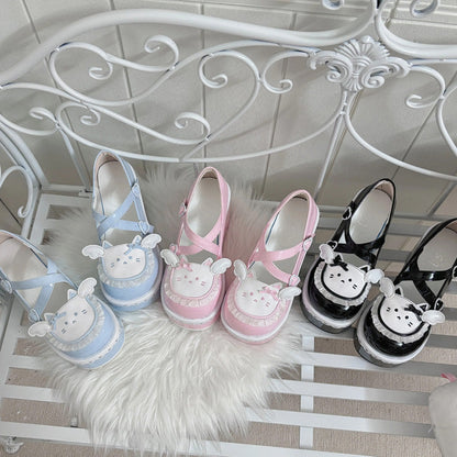 Cat-Design Ruffled Cross-Strap Round-Toe Daily Lolita Platforms in Four Colors