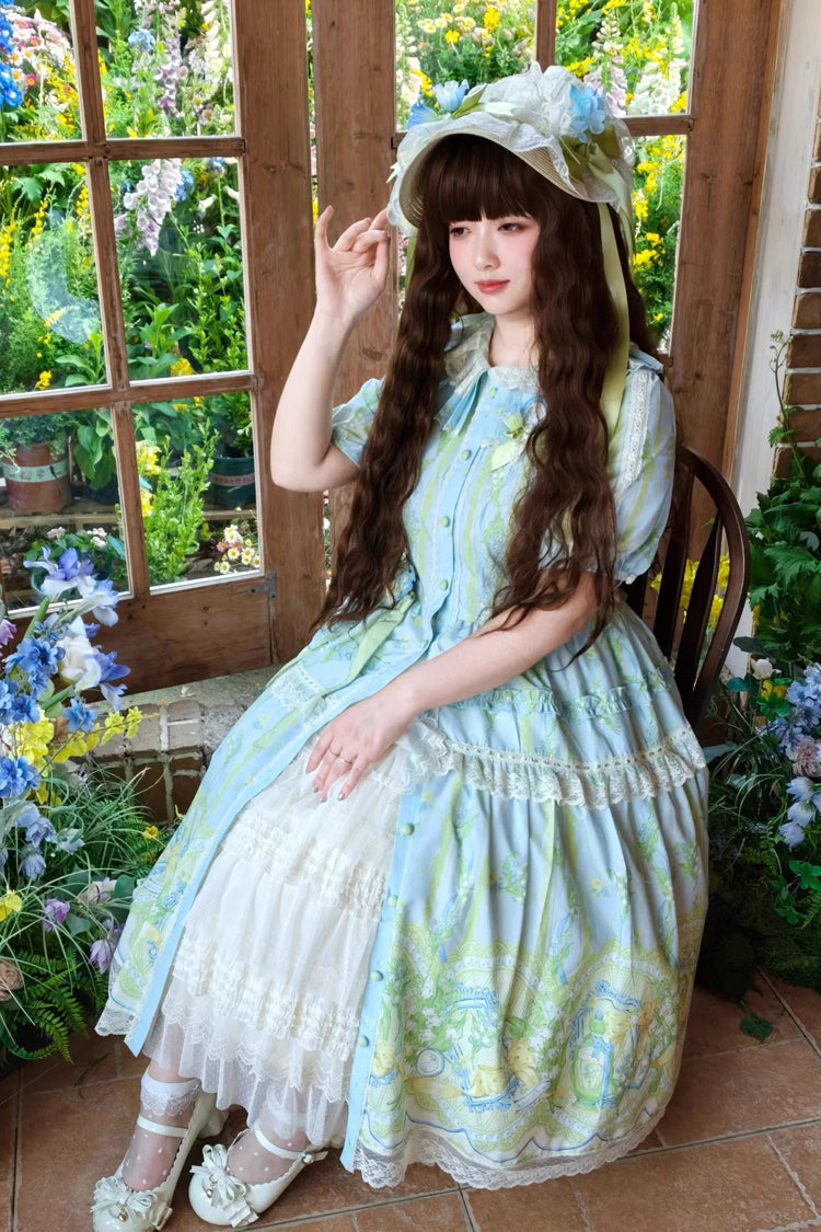 Blue Green Lily of the Valley Perfume Pearl Candy Tea Doll Collar Short Sleeve Print Lace Plus Sweet Lolita OP