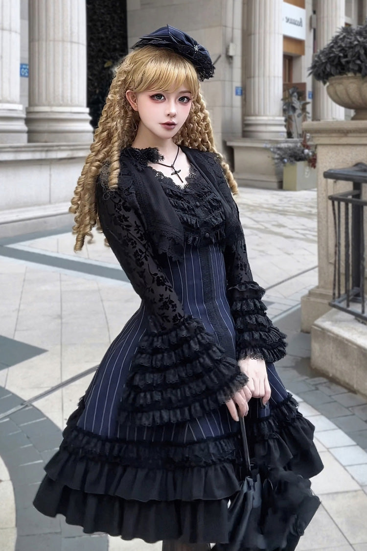 Double-Layered Striped Printed Gothic Jumper Dress with Jacquard Ruffles - Escape