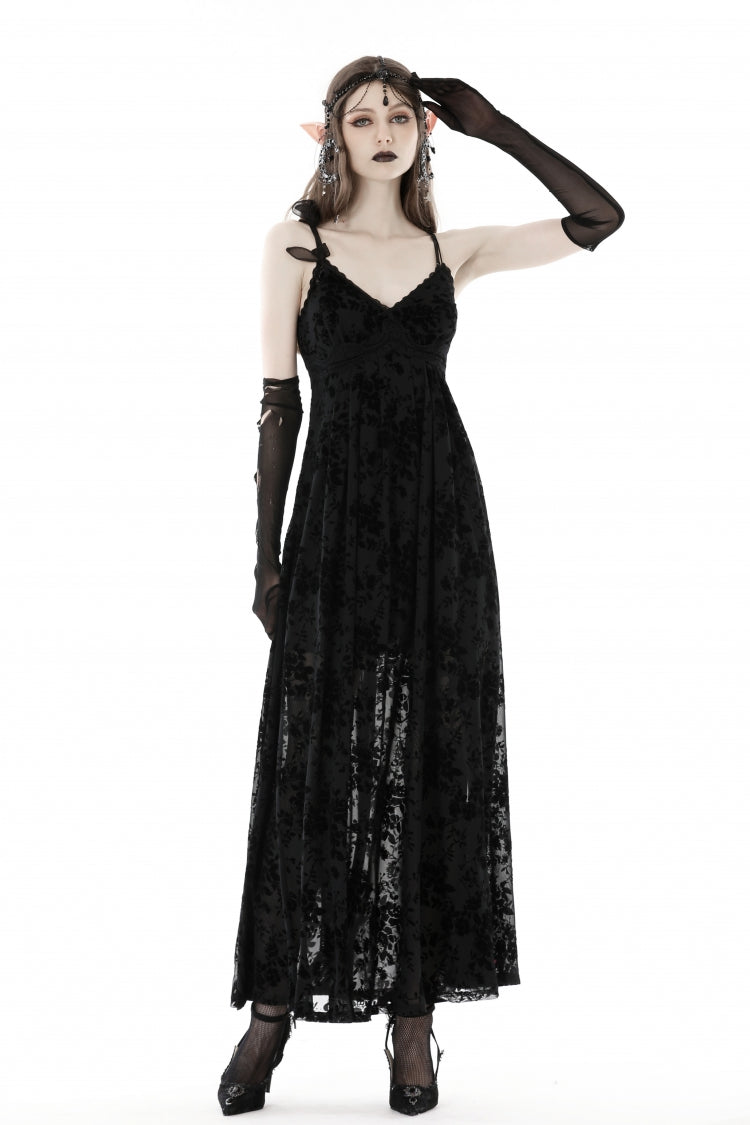 Maxi Rose Print Gothic Slip Dress with Lace-Up Back - NoirEdge