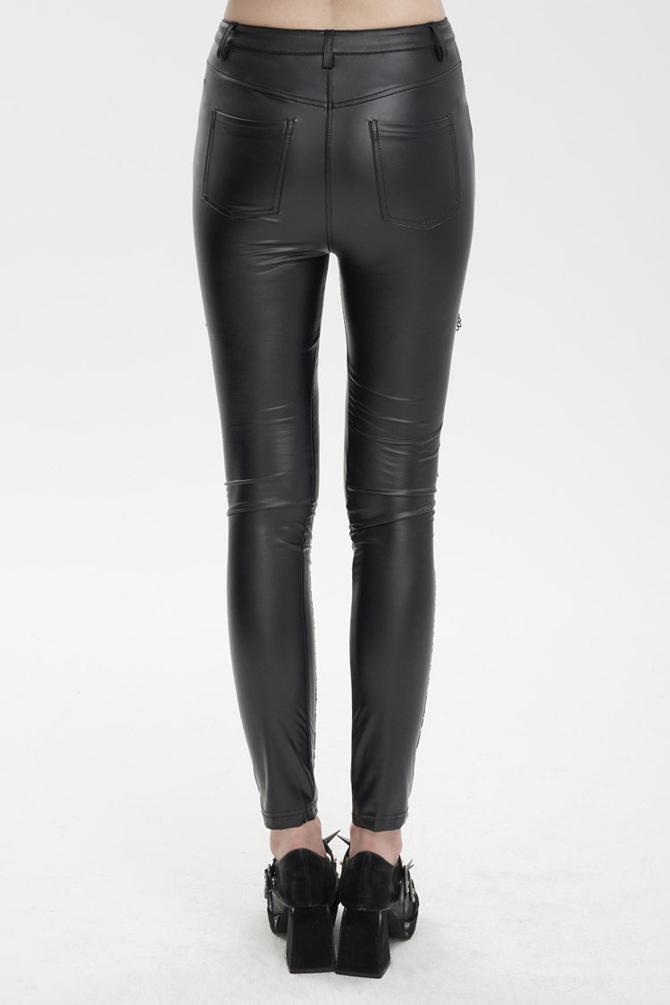 Gothic Women's Slim Leggings with Adjustable Lace Strings and Flocked Stretch