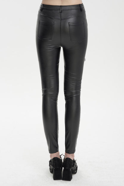 Gothic Women's Slim Leggings with Adjustable Lace Strings and Flocked Stretch
