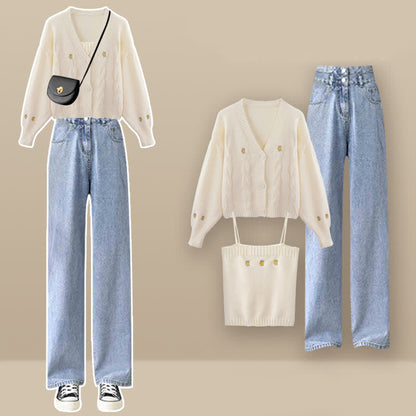 Pants Cardigan Top Denim Blue Set Embroidery