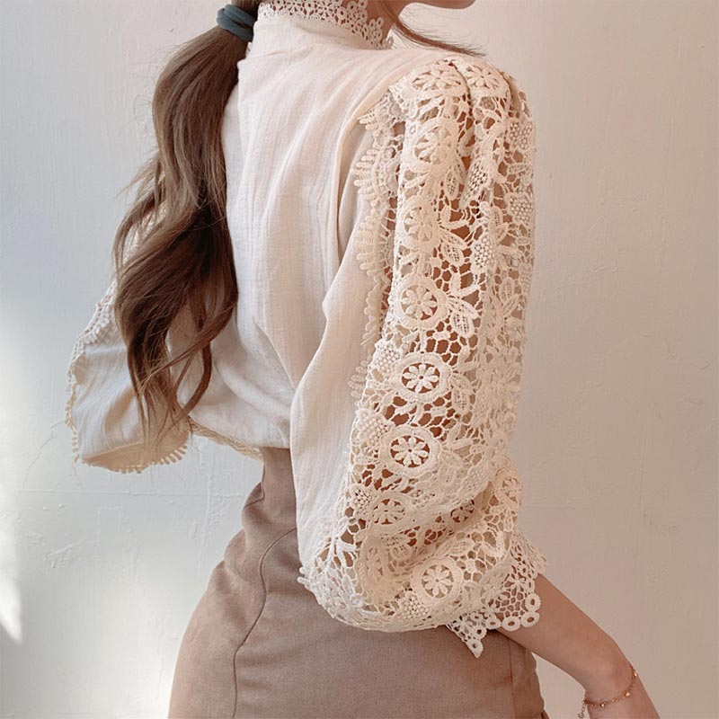 Elegant Pearl Hollow Out Lace Shirt