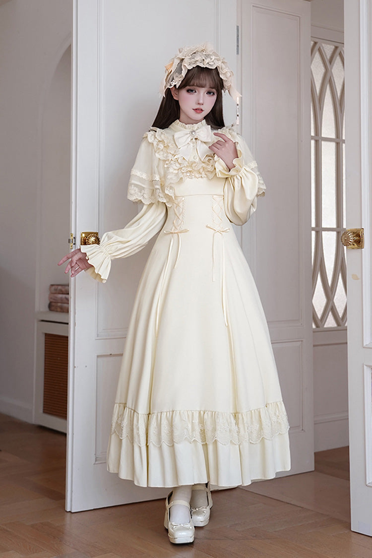 Stand Collar Gothic Dress with Long Sleeves and Lace-Up Ruffled Bow - Letters & Poems · Day and Night