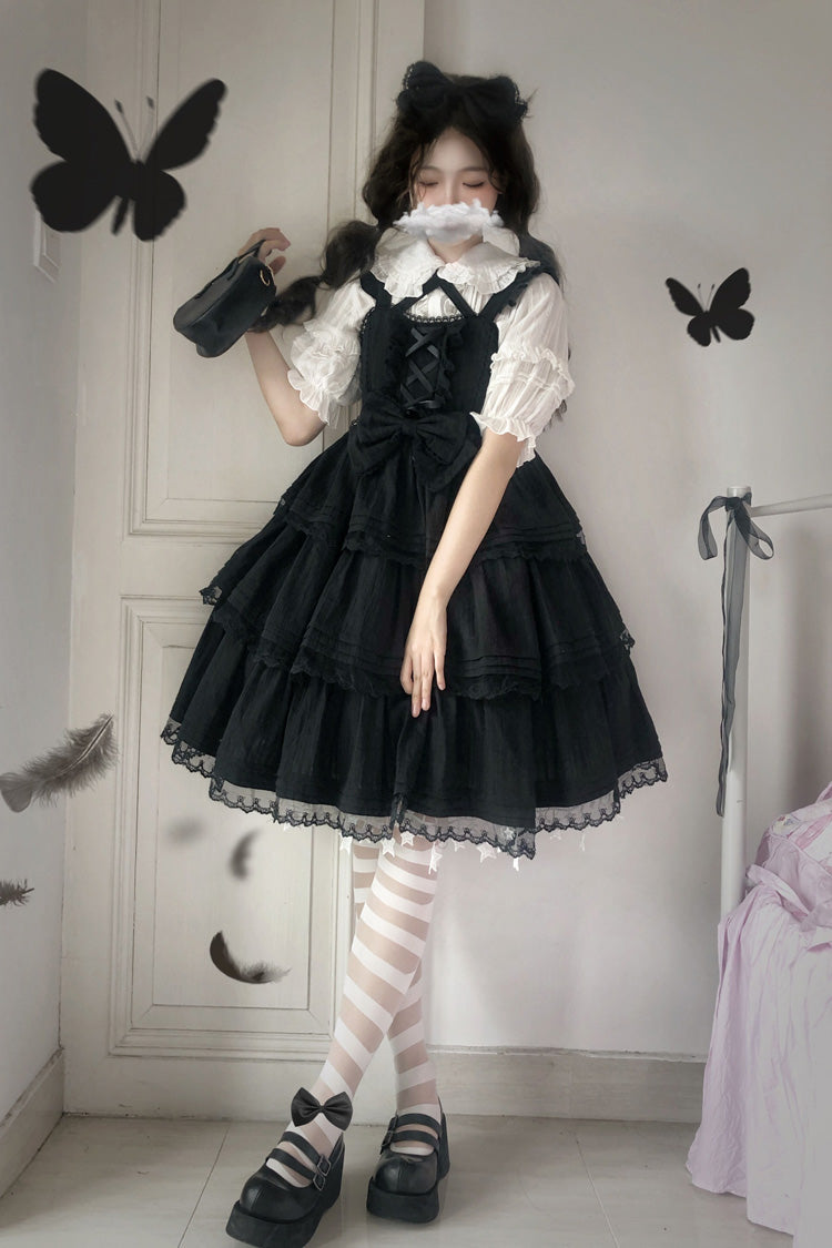 Gothic Lolita JSK Dress with Triple-Layered Ruffles Bowknot and Lace in First Love Theme