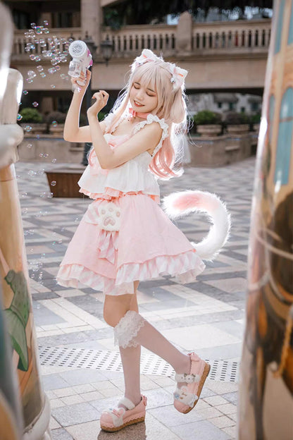Rose Miss Meow Print Ruffle Bow Sweet Lolita Skirt Ensemble