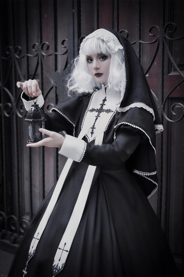 Elegant Lace-Stitched Long-Sleeve Gothic Gown