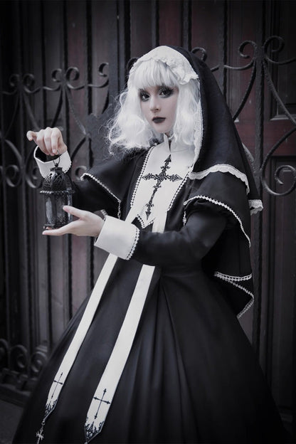 Elegant Lace-Stitched Long-Sleeve Gothic Gown