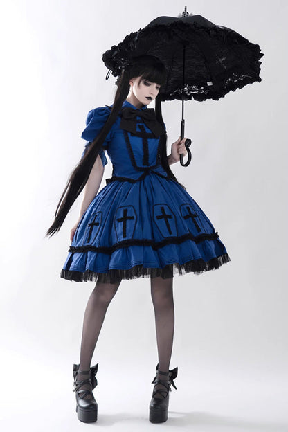 Blue Cross Short Puff Sleeves Two-Piece Gothic Lolita Dress