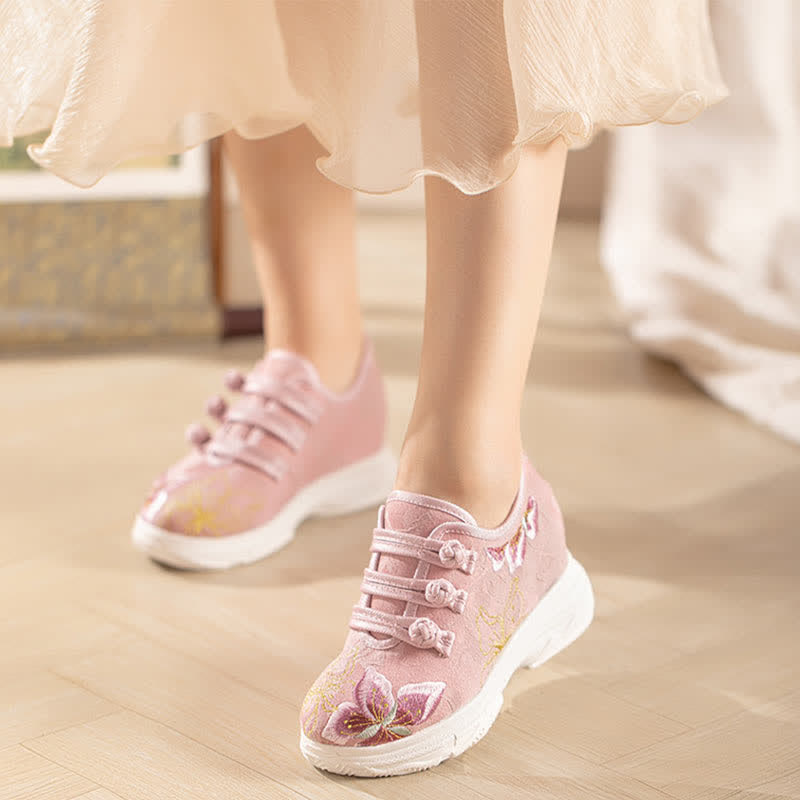 Pink Blossom Embroidery Buckle Platform High Heels Shoes