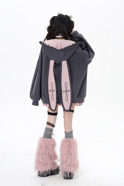 Striped Bunny Ear Hooded Heart Print Embroidery Coat Two Colors