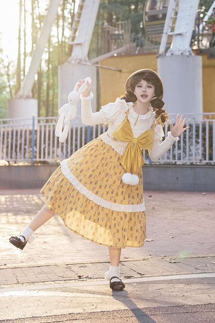 Golden Stuffed Bear Print Bow Sweet JSK Dress