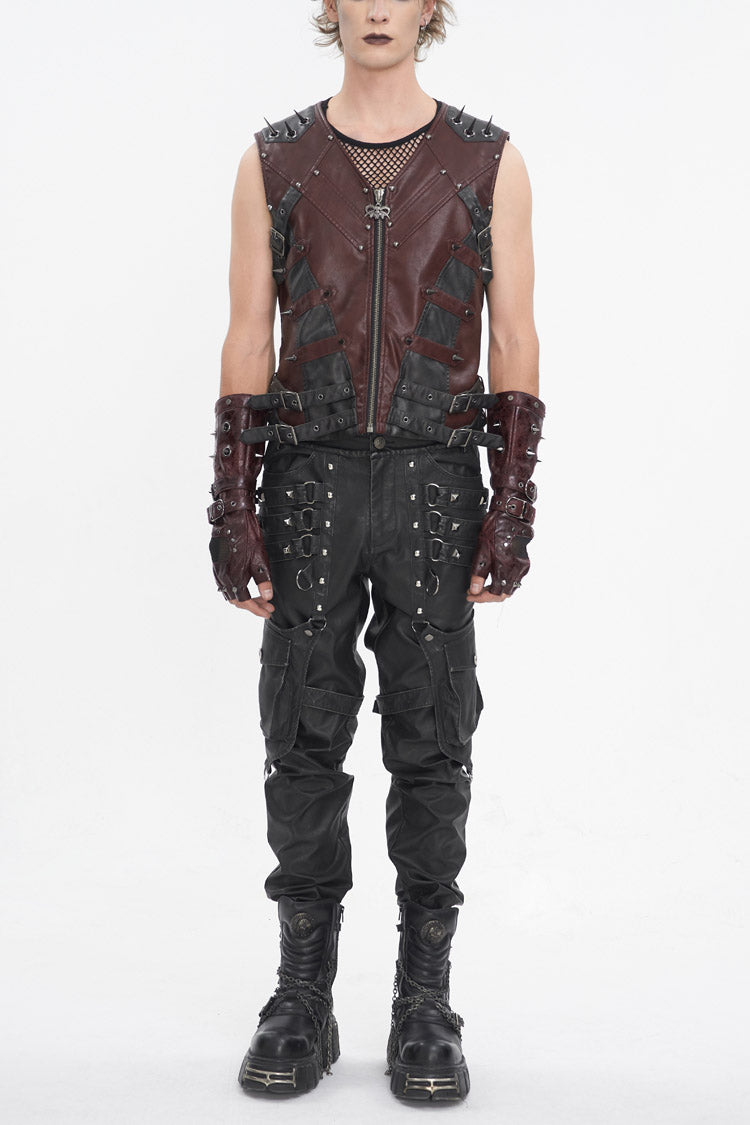 Crimson Studded Faux Leather Men's Punk Vest