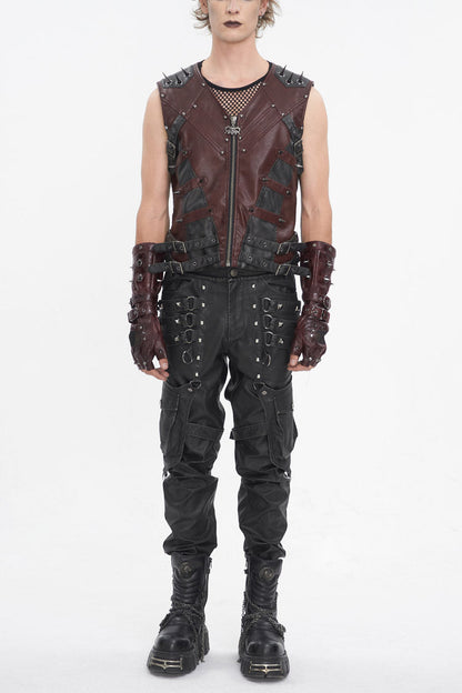 Crimson Studded Faux Leather Men's Punk Vest