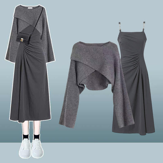 Robe nuisette fendue à volants en tricot croisé gris