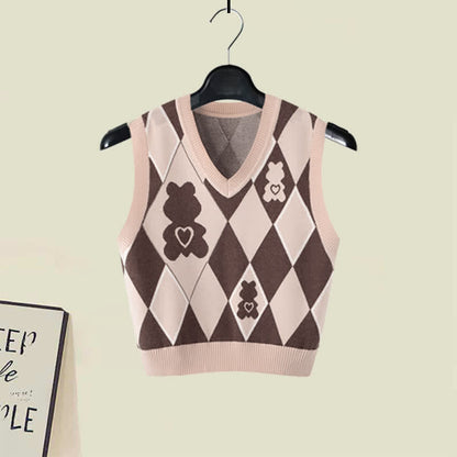 Suit Bear Print Cute Waist Lapel Vest Shirt Pants High