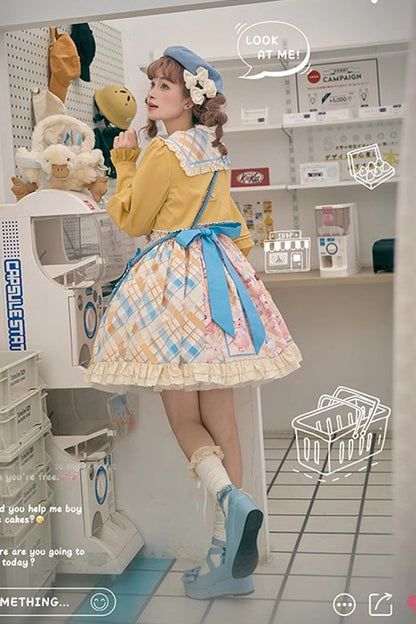 Cat Holiday Print Ruffle Bow Two-Piece Illusion Sweet Lolita Gown in Yellow Pink