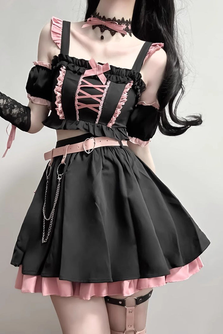 Black and Pink Tie-Bow Gothic Sweet Lolita Strapless Skirt Set