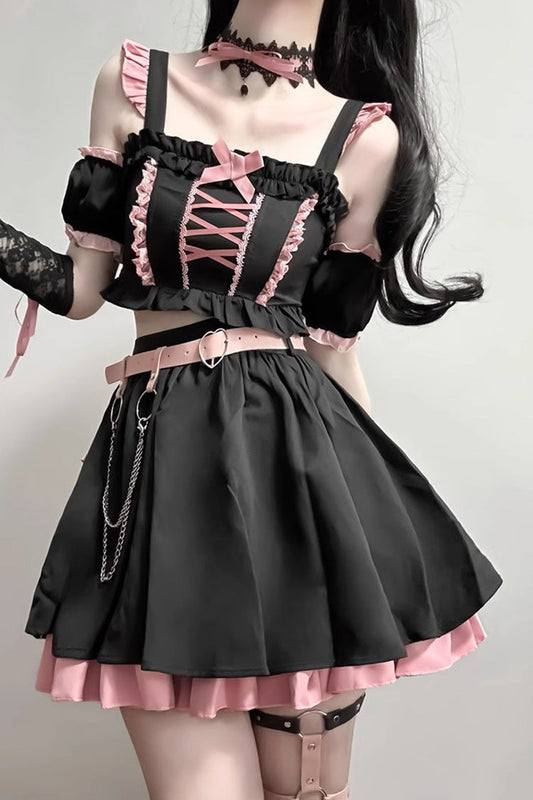 Black and Pink Tie-Bow Gothic Sweet Lolita Strapless Skirt Set