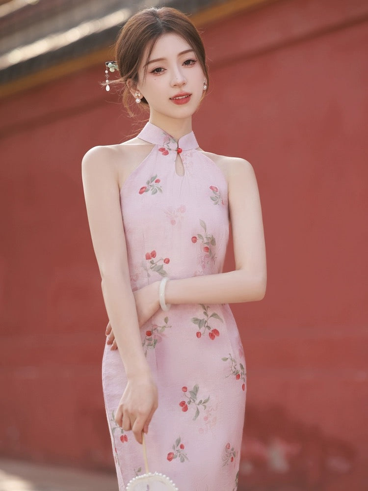 Cherry Berries Pink Cheongsam Dress