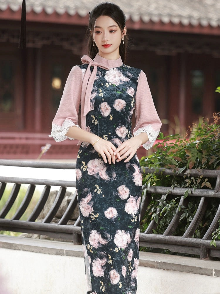 Cheongsam long à manches mi-longues avec ruban