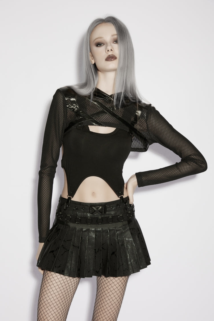 Sheer Eyelet Hooded Black Asymmetric Punk Cape Women's