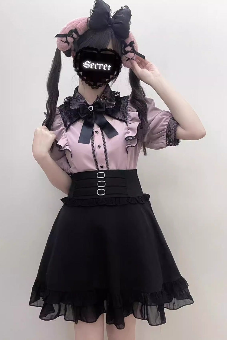Short Sleeve Cutout Bow Lace Blouse Three Tones