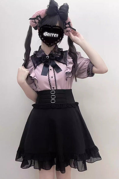 Short Sleeve Cutout Bow Lace Blouse Three Tones